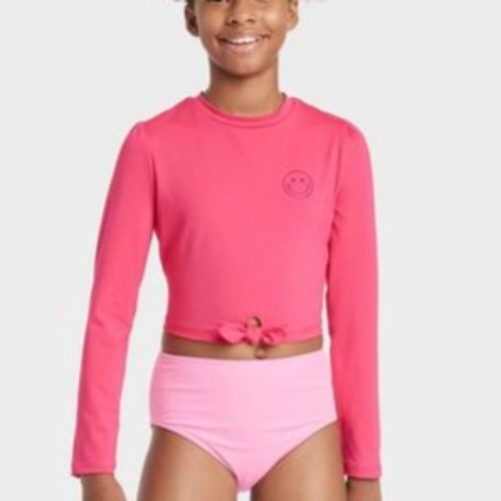 Art Class Girls' Smiley Face Long Sleeve Rash Guard Swim Pink Top- XL